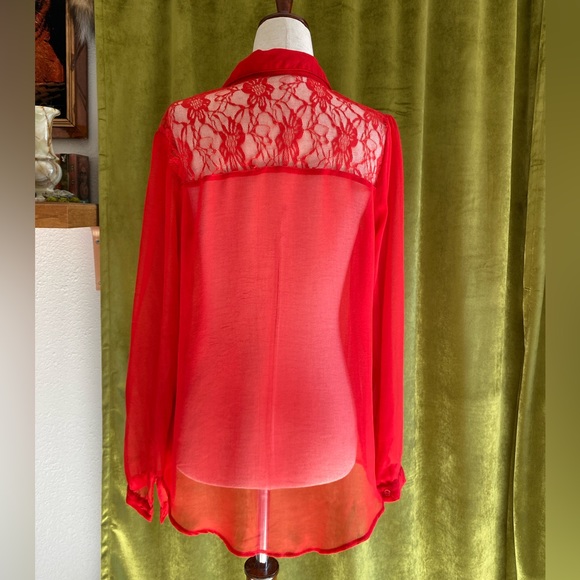 Vintage Red Blouse ❤️ Sheer, Long-Sleeve, Button Up - Picture 4 of 9